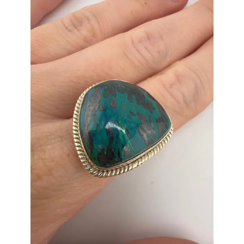 Sterling Silver Teardrop Chrysocolla Malachite Ring Size 8.5